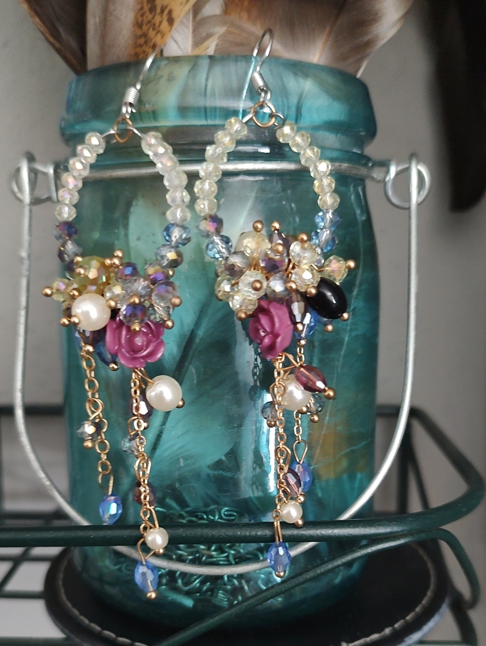 Floral Pearl Fancy Drop Earrings in Pink and Gold Rose Onyx Pearl Crystals